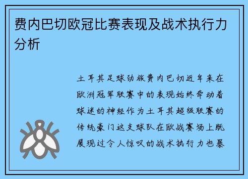 费内巴切欧冠比赛表现及战术执行力分析